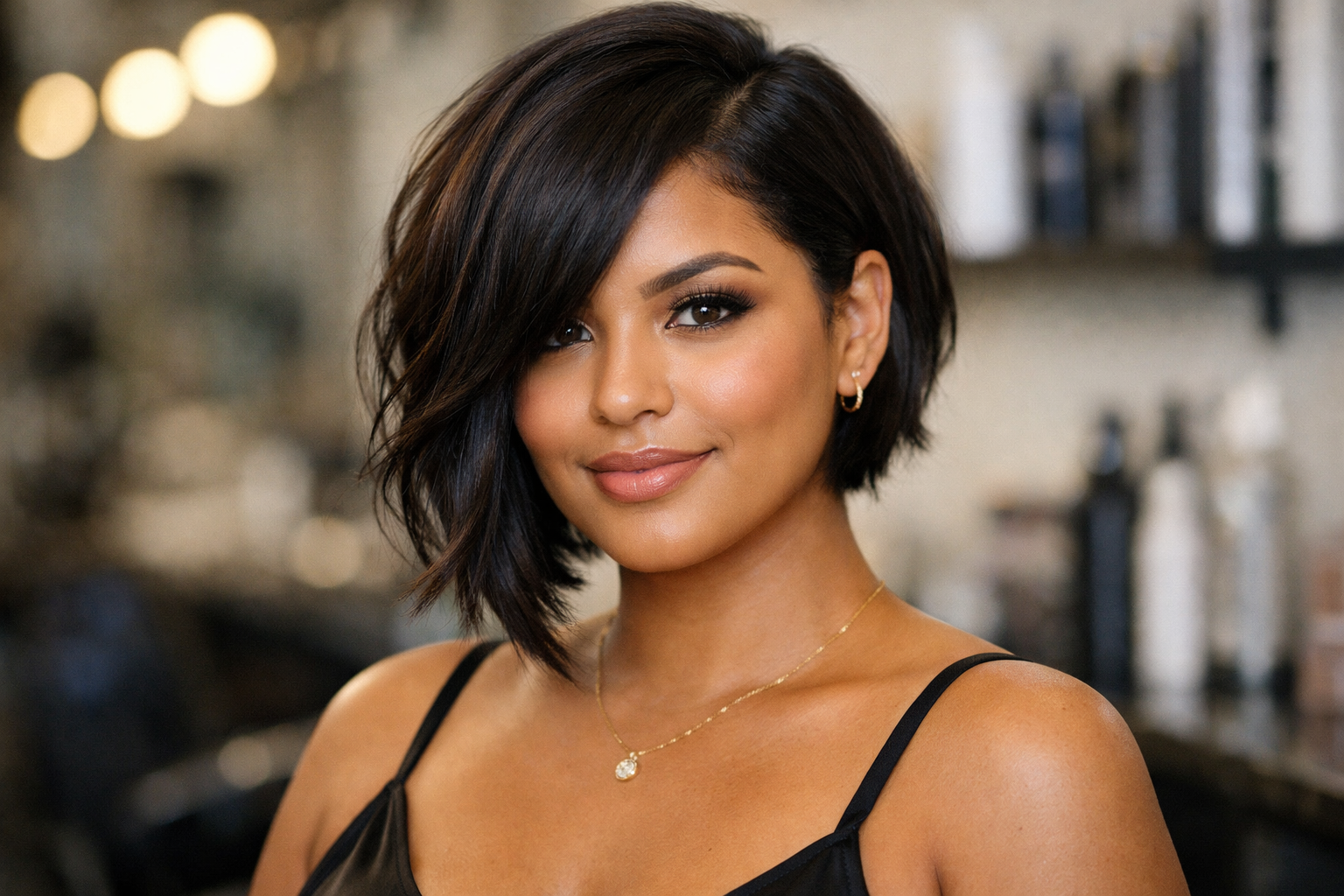 Bob assimétrico com diagonal marcada em mulher brasileira de rosto redondo