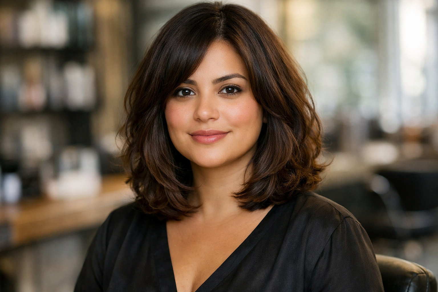 Lob com camadas frontais estratégicas em mulher brasileira de rosto redondo