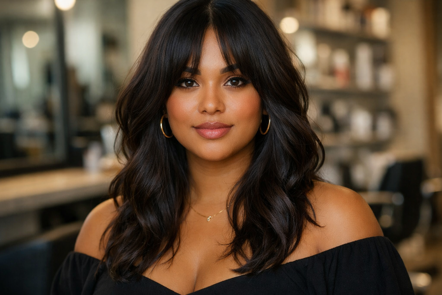 Franja cortina longa em mulher brasileira com rosto redondo e cabelo ondulado