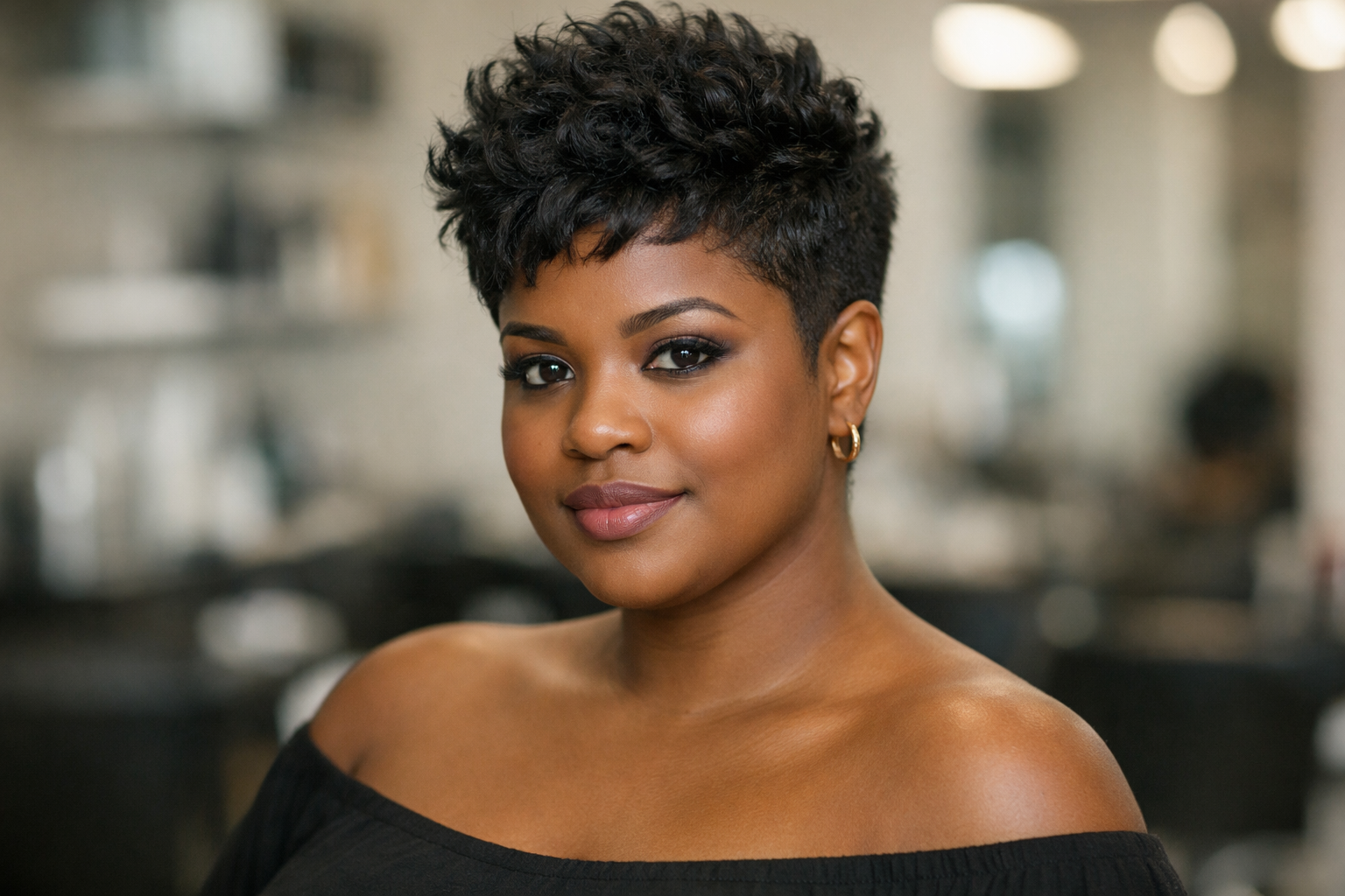 Corte pixie com volume no topo em mulher brasileira de rosto redondo