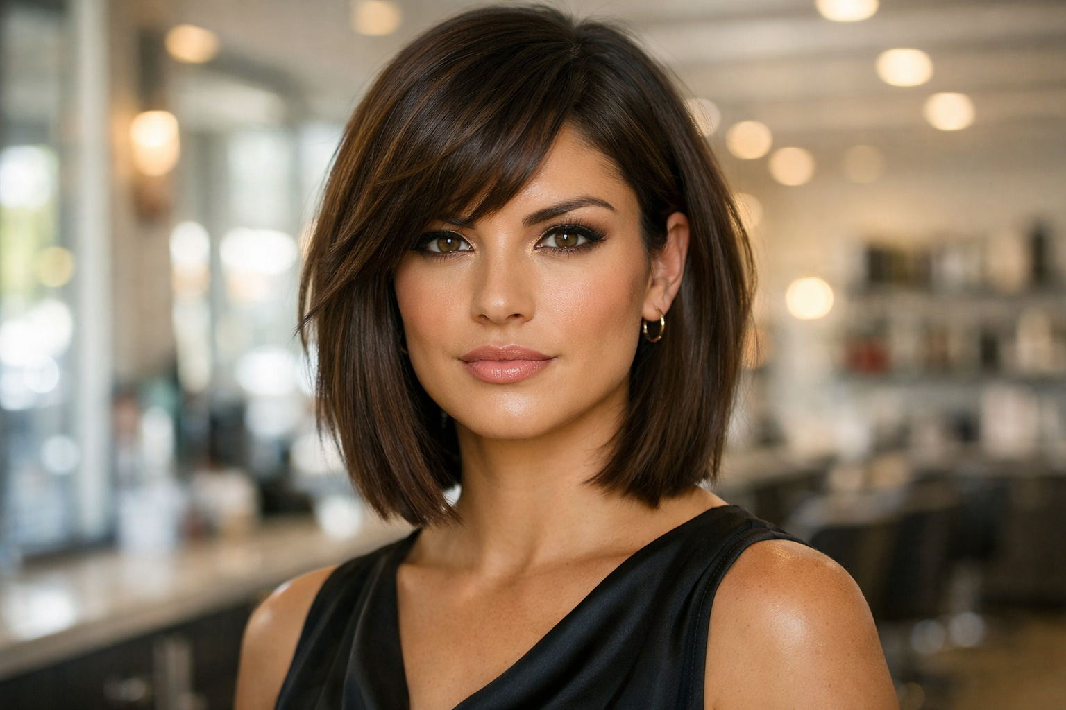 Lob texturizado com camadas acima do queixo em mulher brasileira com rosto triangular