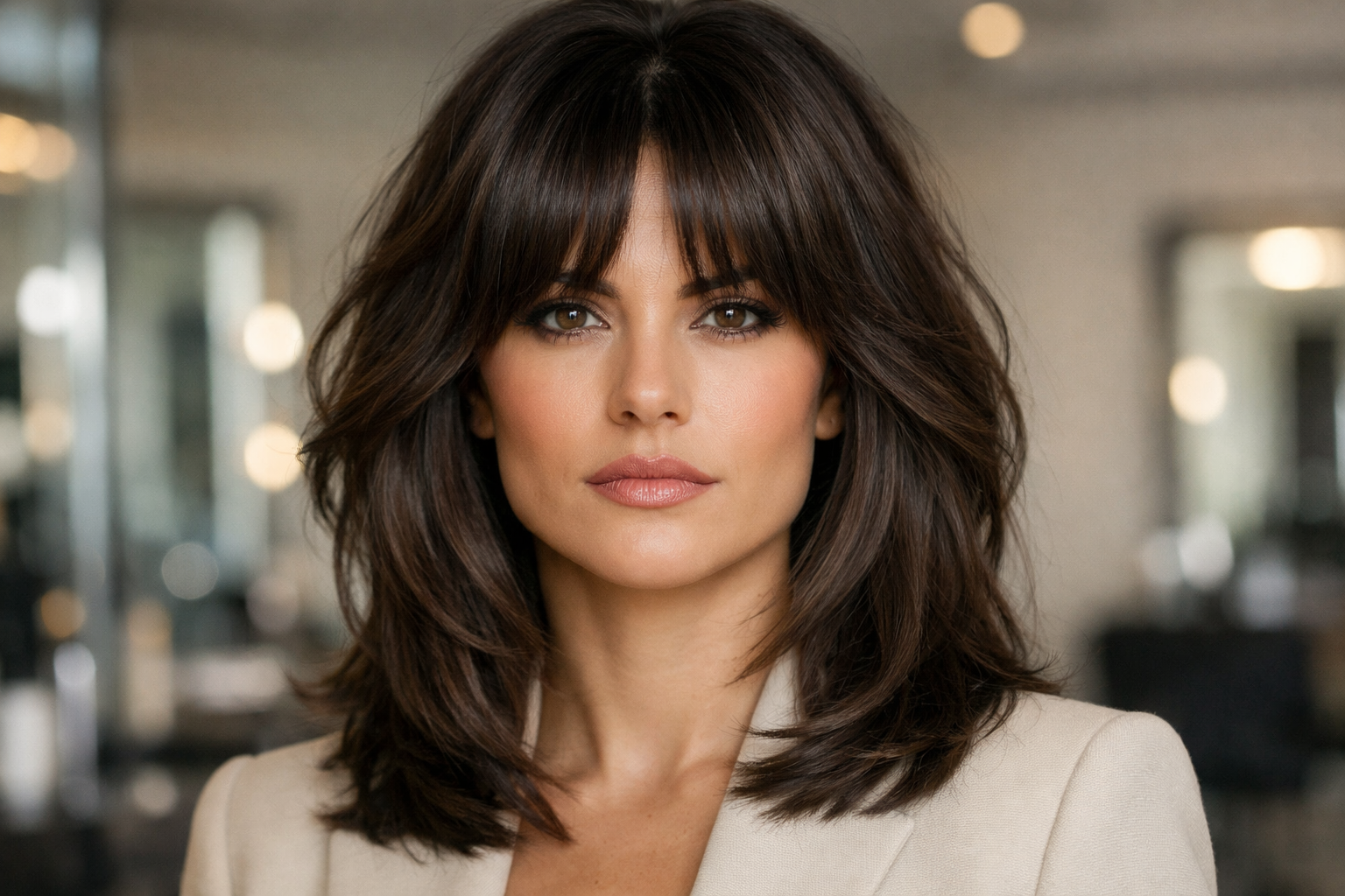 Mulher brasileiro com rosto triangular usando franja cortina