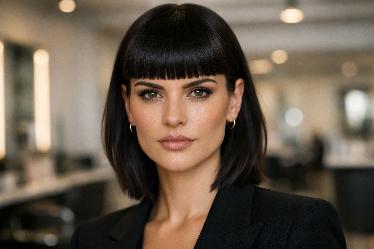 Franja reta com textura em mulher brasileira com rosto triangular e cabelo médio