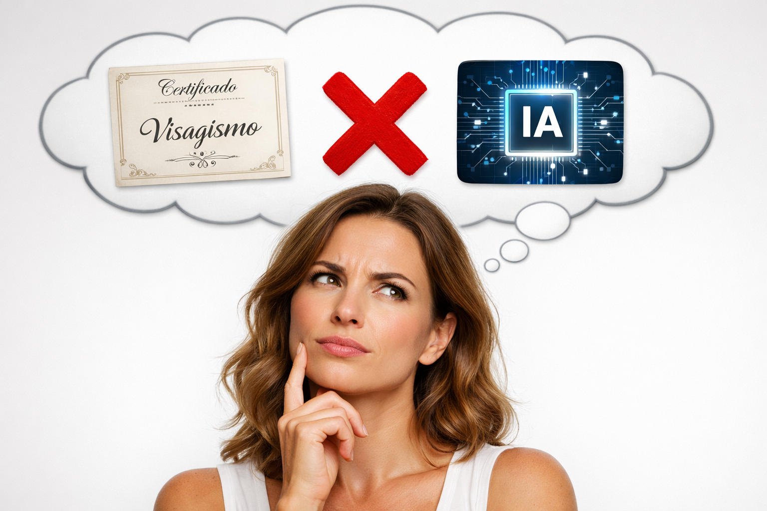 Mulher com expressão pensativa comparando o curso de visagismo com IA