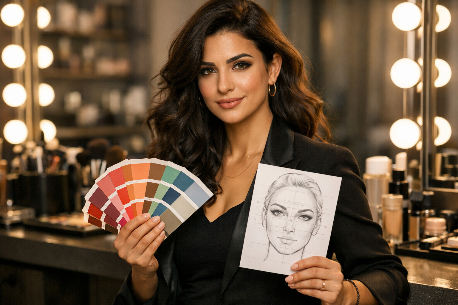 Mulher visagista profissional com paleta de cores e desenho de harmonização facial