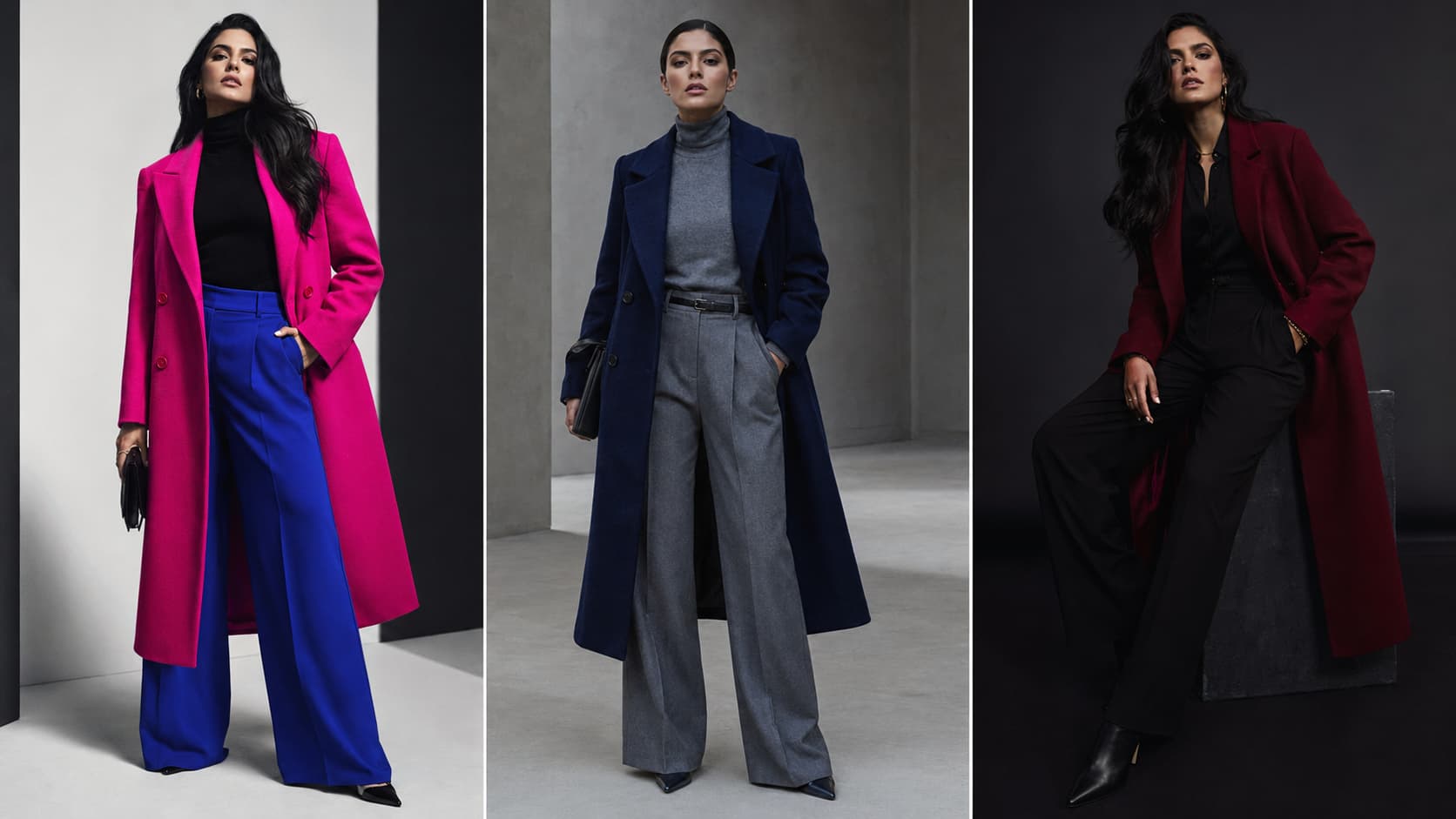 Cartela de cores pessoal inverno: looks de alto contraste com azul royal, fúcsia vibrante e preto profundo.
