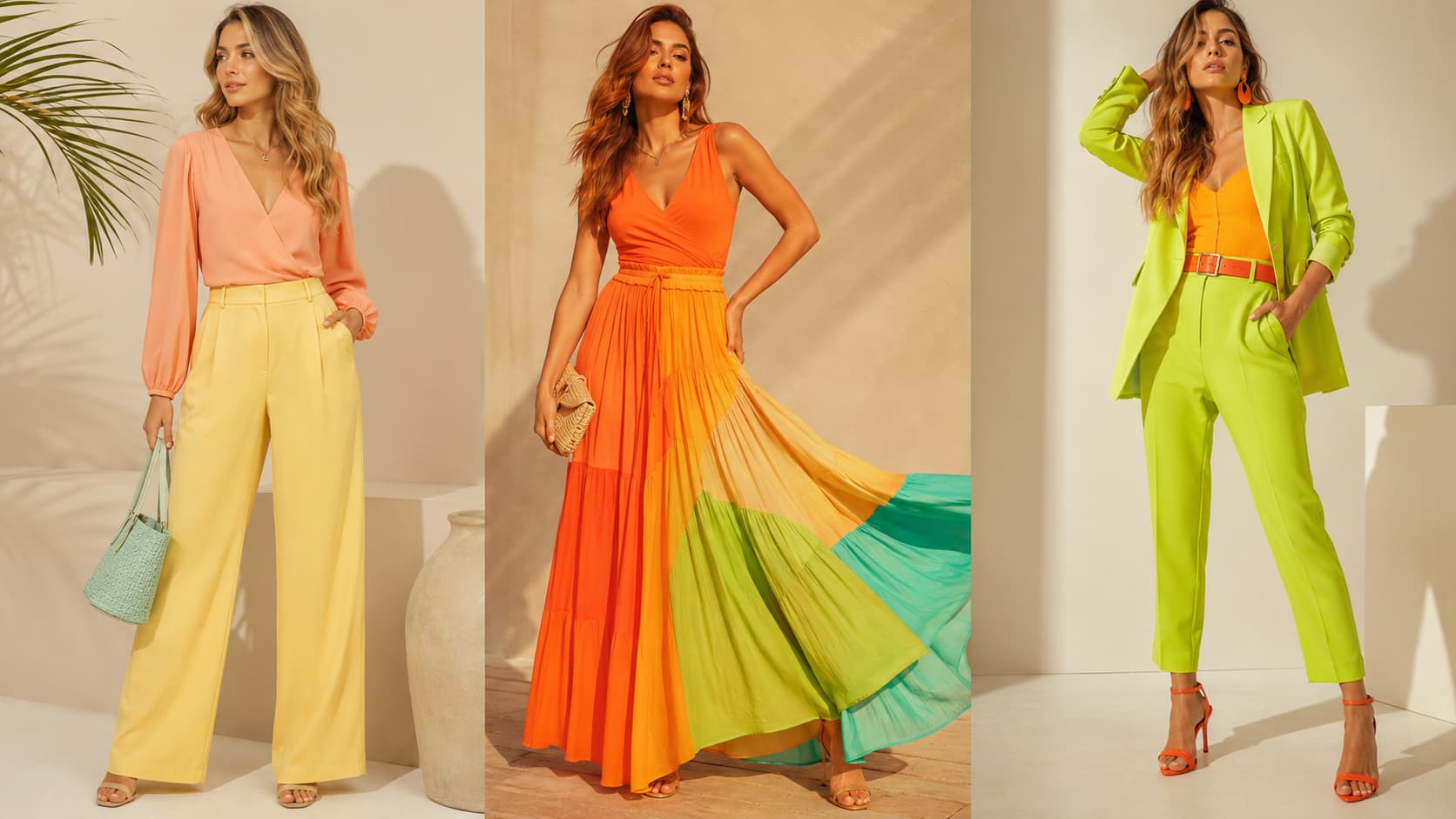 Cartela de cores pessoal primavera: mulheres vestindo cores alegres e iluminadas como coral, amarelo e verde lima.