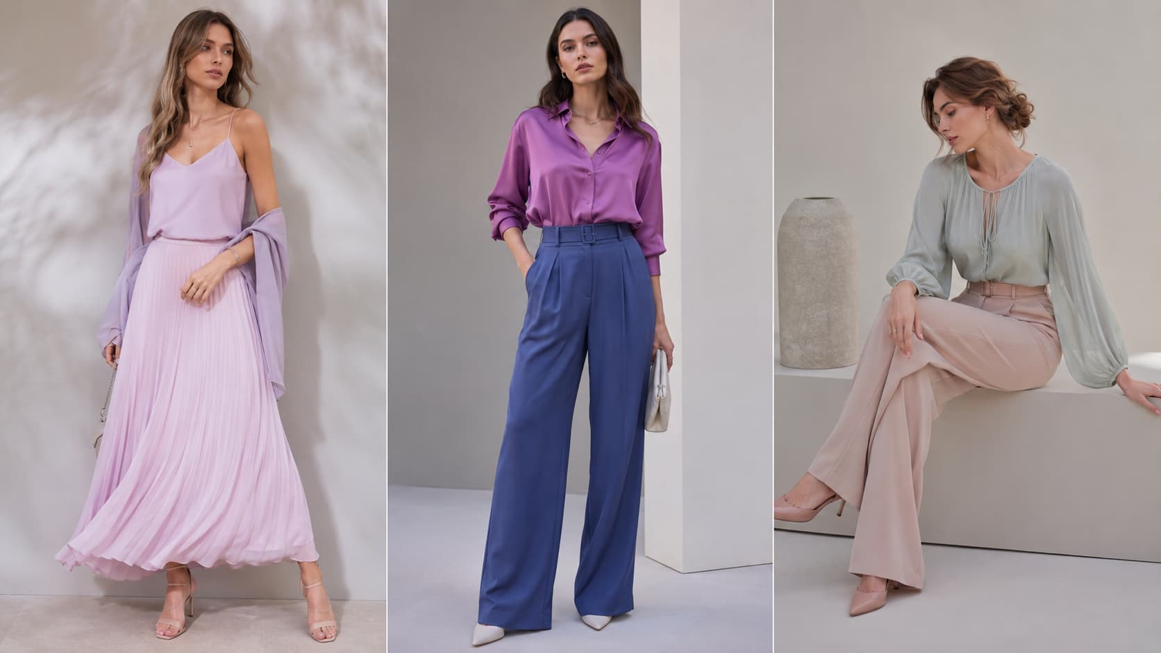 Cartela de cores pessoal verão: modelos em roupas de tons pastéis, lavanda, azul acinzentado e rosa suave.