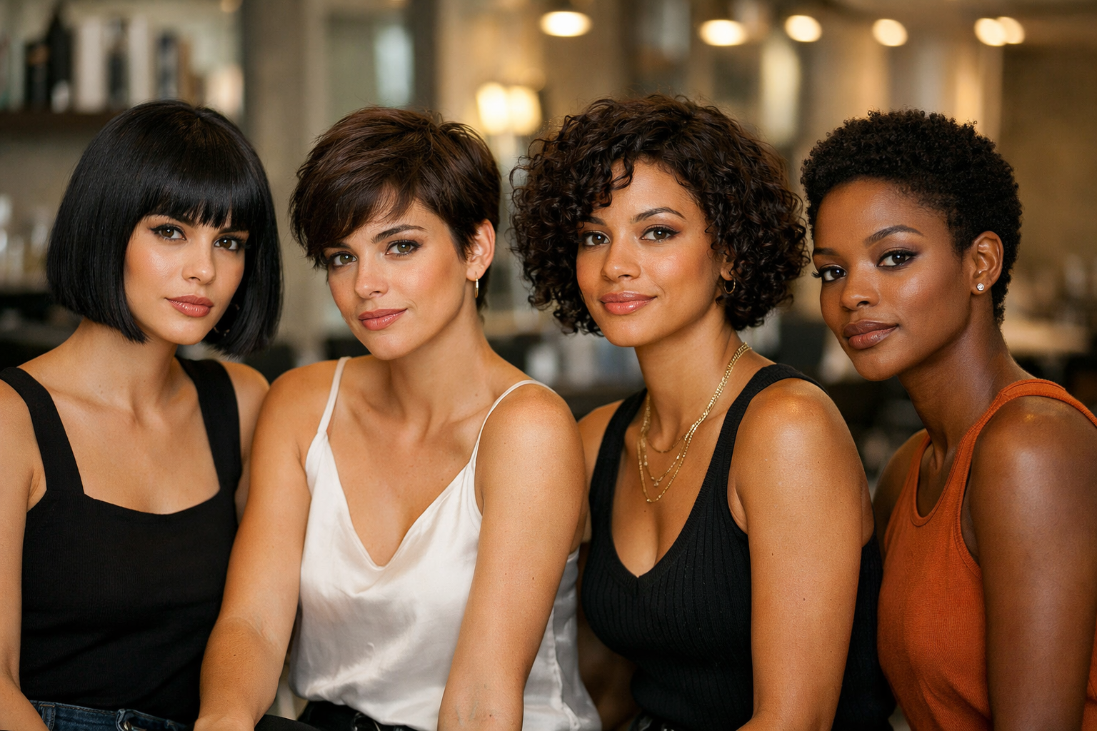 Quatro mulheres brasileiras demonstrando cortes curtos em diferentes texturas capilares