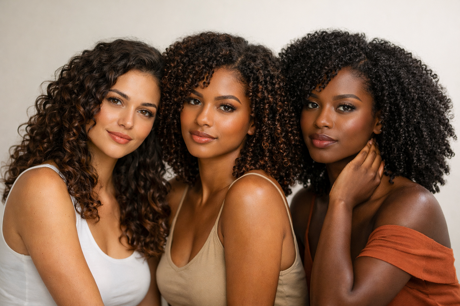 Três mulheres brasileiras exibindo cabelos cacheados tipos 3A, 3B e 3C com diferentes tamanhos de cachos