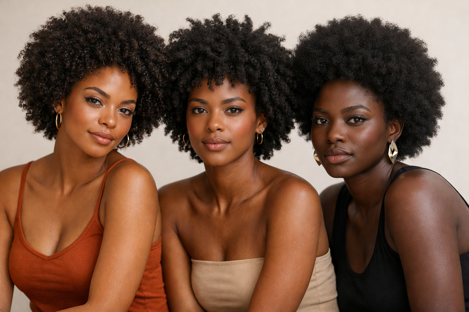 Três mulheres brasileiras com cabelos crespos tipos 4A, 4B e 4C mostrando diferentes padrões de textura