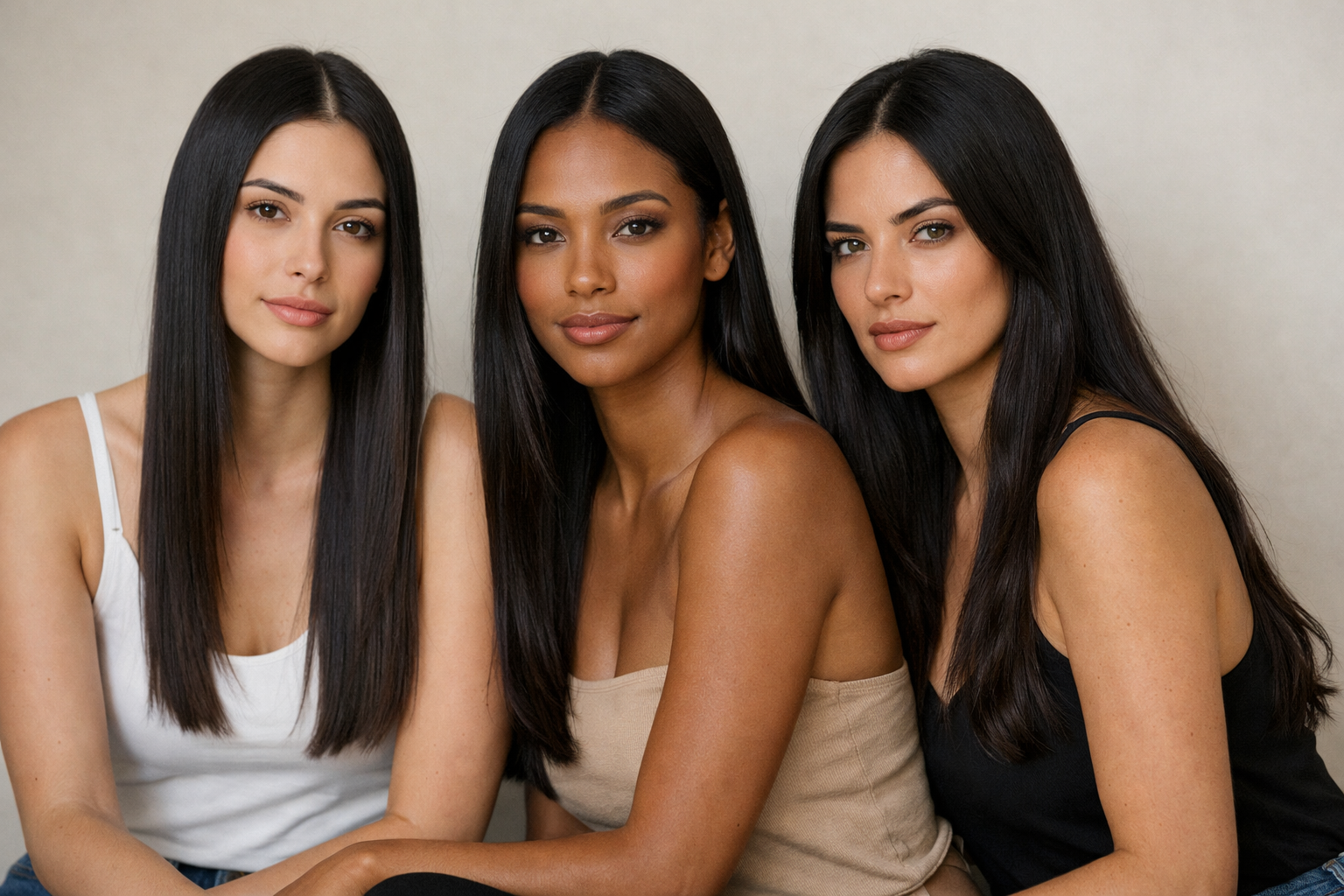 Três mulheres brasileiras demonstrando tipos de cabelo liso 1A, 1B e 1C lado a lado