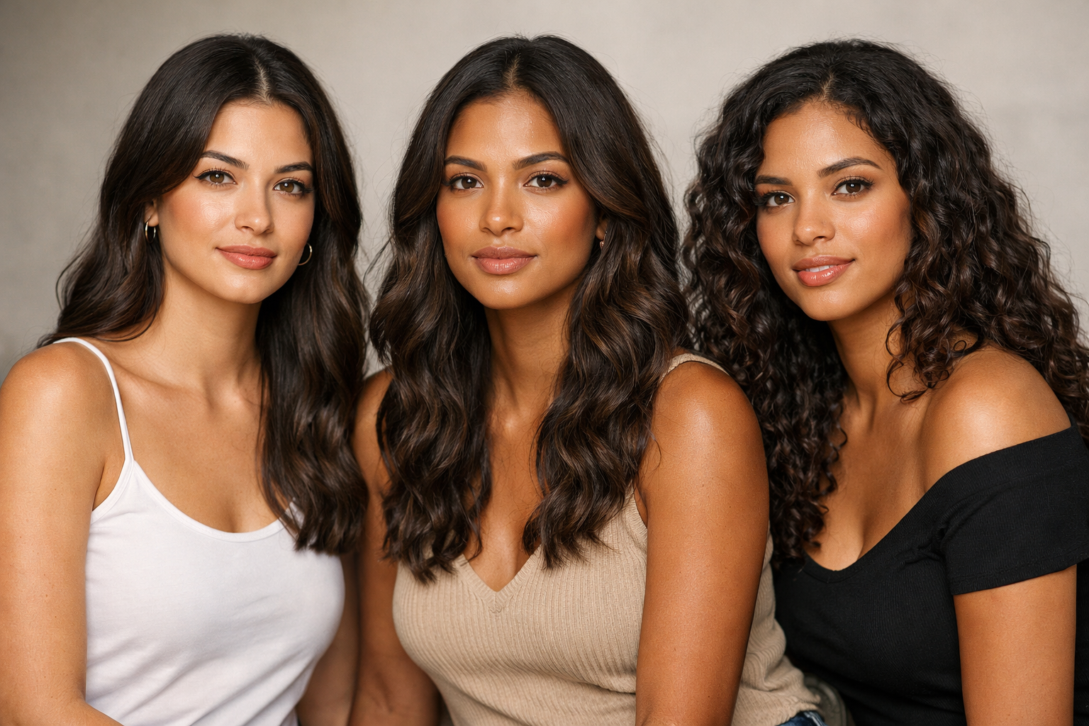Três mulheres brasileiras mostrando cabelos ondulados tipos 2A, 2B e 2C com diferentes graus de ondulação