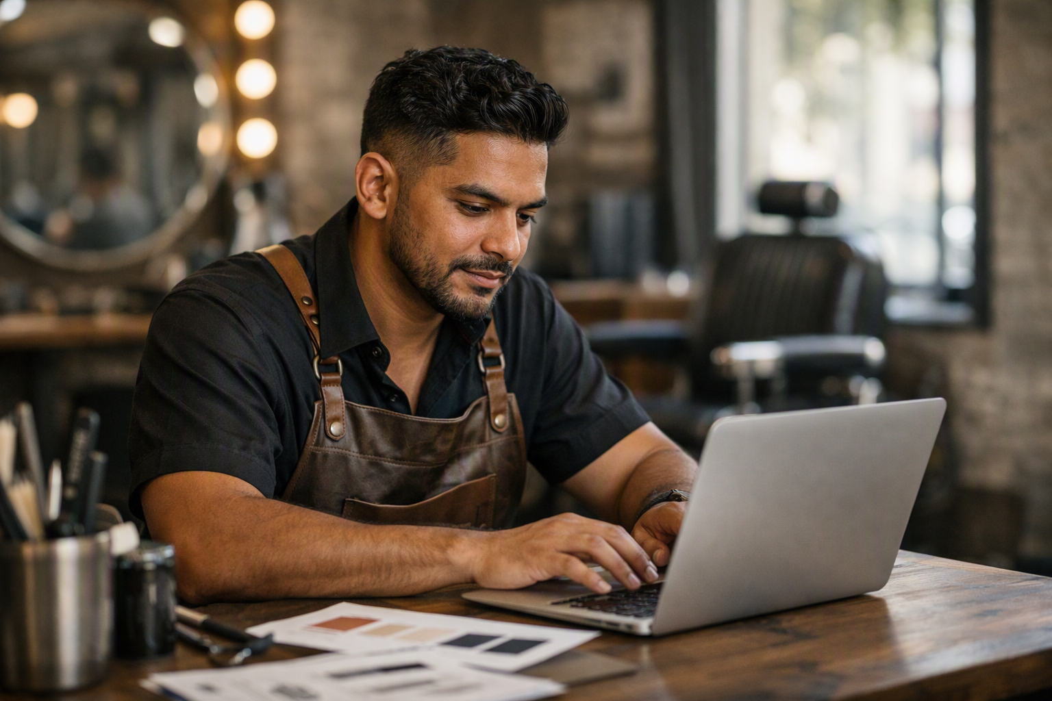 Barbeiro planejando identidade visual e nome da barbearia em notebook no salão