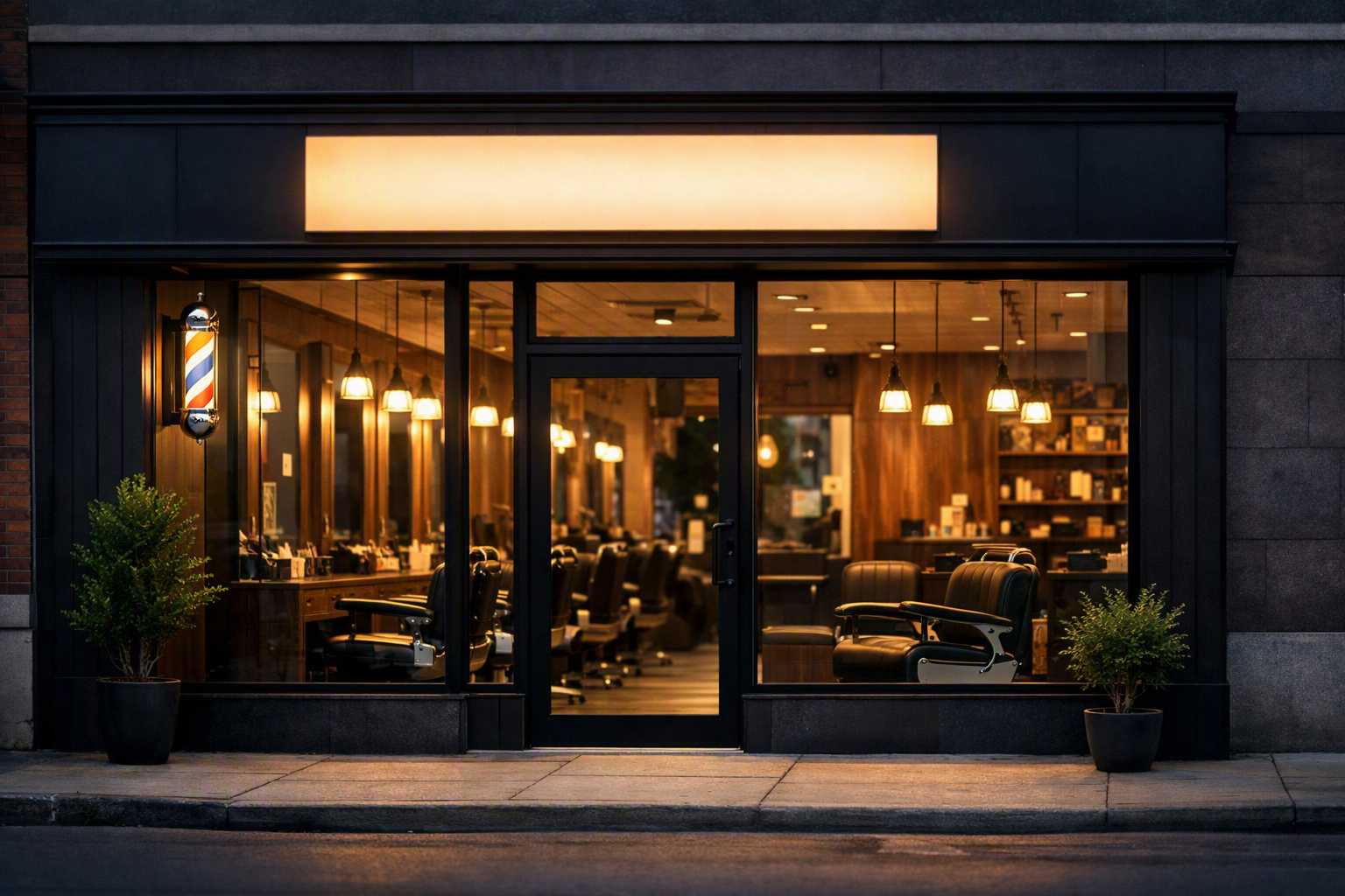 Fachada moderna de barbearia com letreiro iluminado e identidade visual profissional