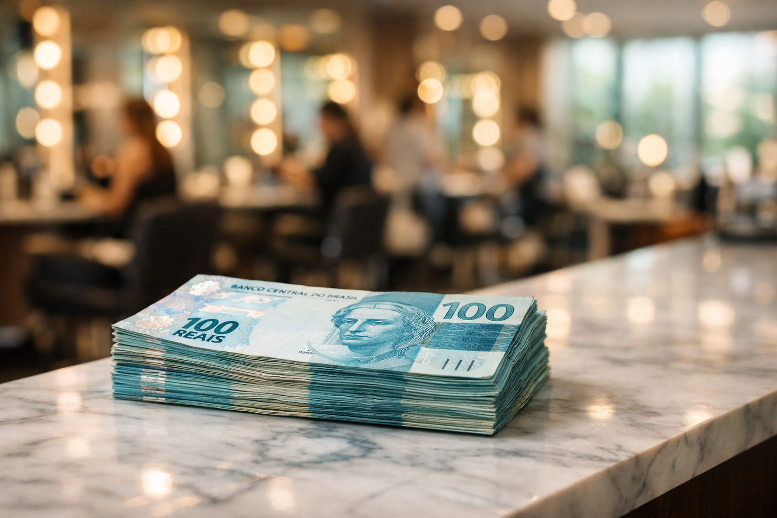 Pilha de notas de R$100 em salão de beleza para representar quanto visagista ganha
