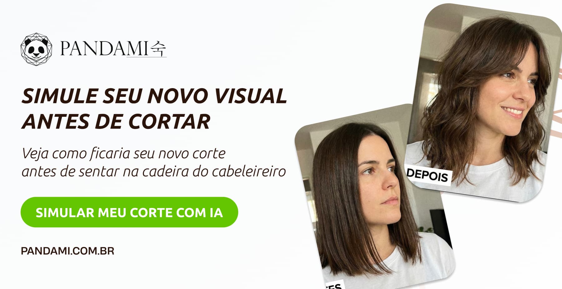 Corte em camadas com franja em simulador da Pandami. Texto: Simule seu novo visual antes de cortar com IA.