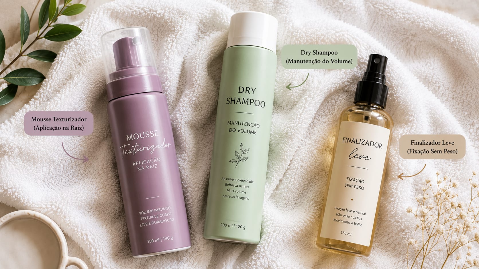 Mousse texturizador, dry shampoo e finalizador leve dispostos em uma toalha para franja para cabelo fino