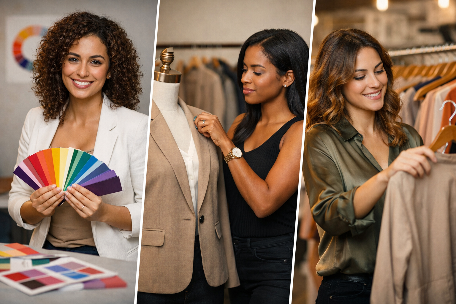 Três profissionais brasileiras demonstrando consultoria de imagem, personal styling e personal shopping