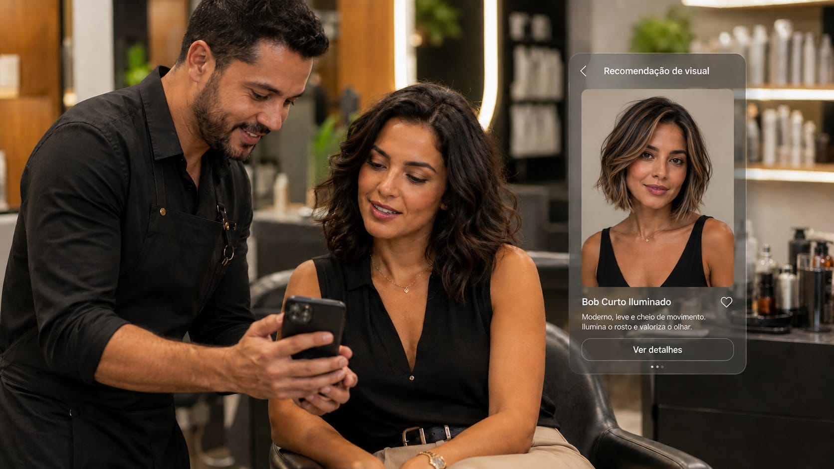 Cabeleireiro e cliente olham celular com aplicativo para testar corte de cabelo, o app mostra um bob curto iluminado em salão.