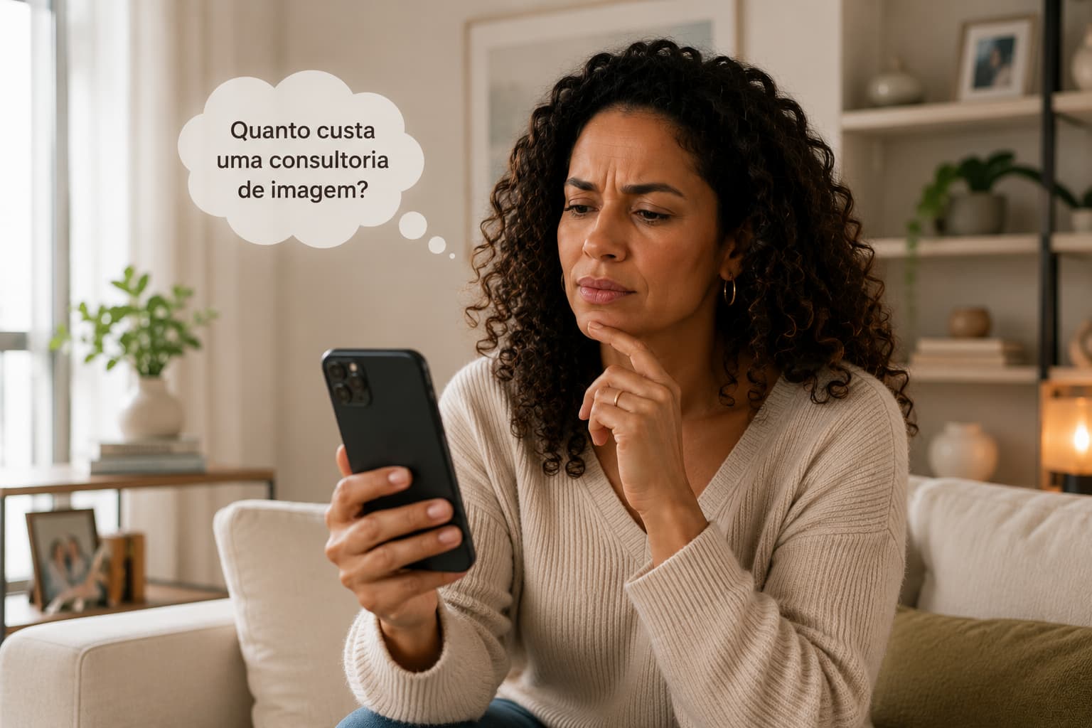 Mulher pensativa olhando celular com balão de pensamento: Quanto custa uma consultoria de imagem?