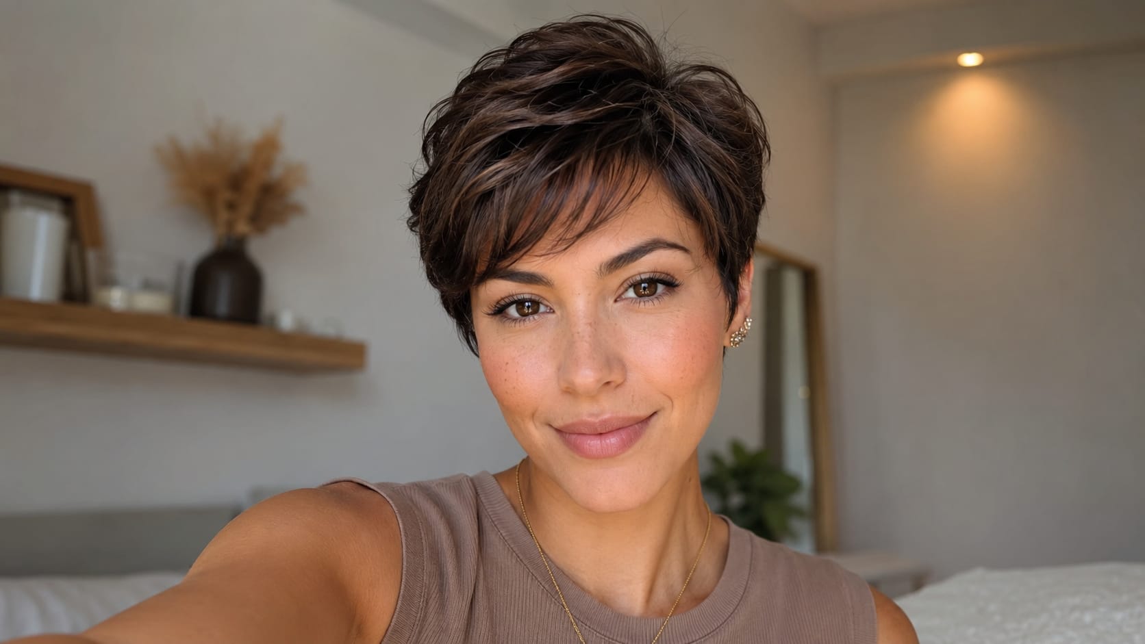 Mulher sorridente exibe resultado de corte de cabelo estilo pixie curto e moderno com franja.