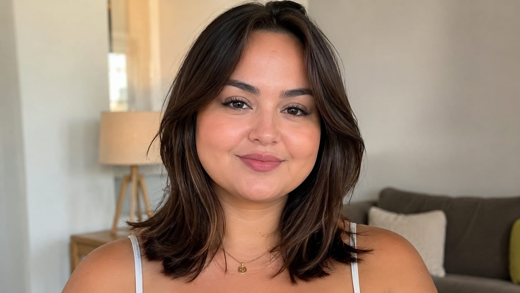 Mulher com rosto redondo e cabelo médio repicado e franja cortina sorri em foto estilo selfie na sala.
