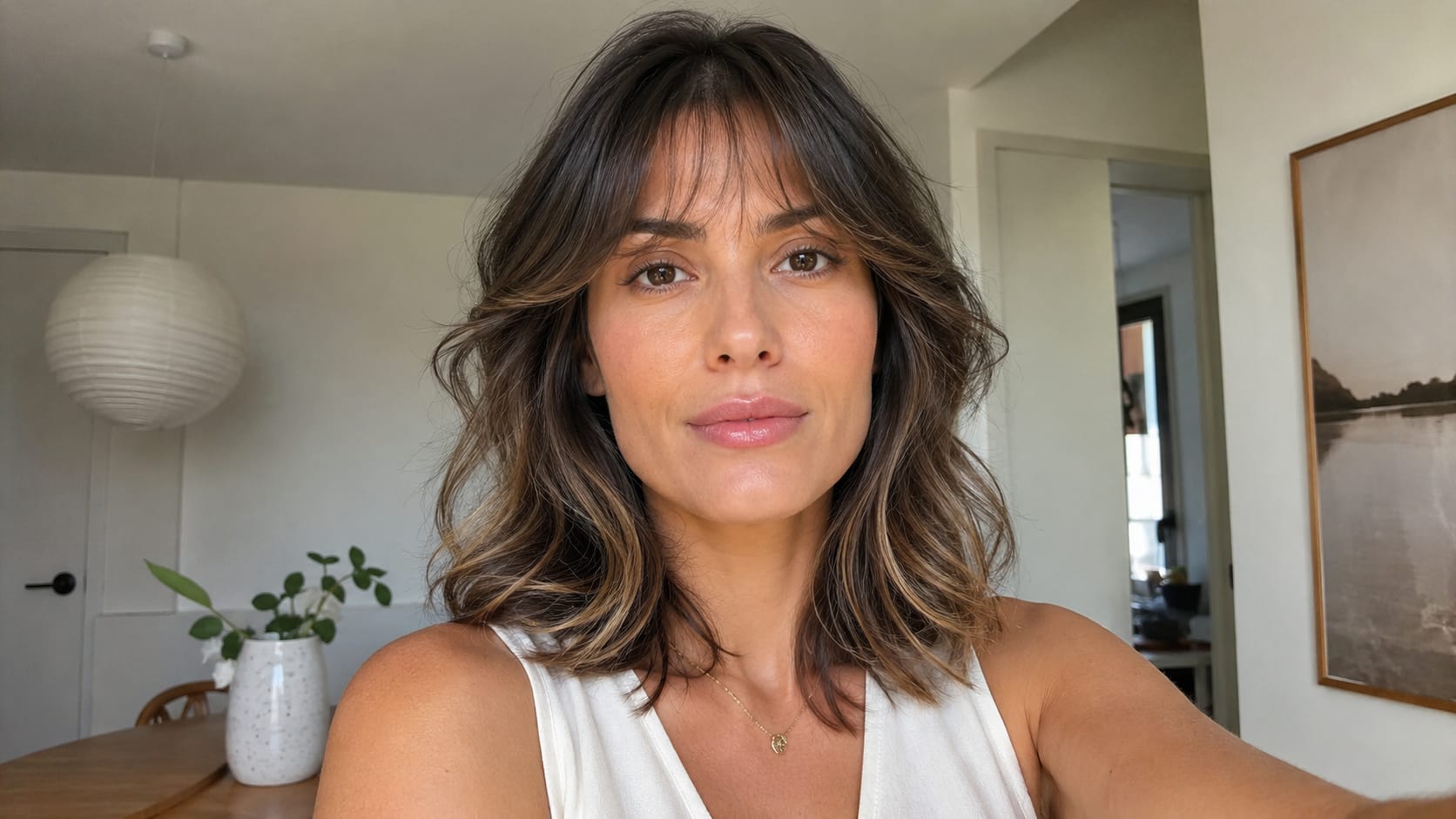 Mulher com rosto retangular e corte de cabelo médio repicado e franja desfiada em close, vestindo blusa branca.