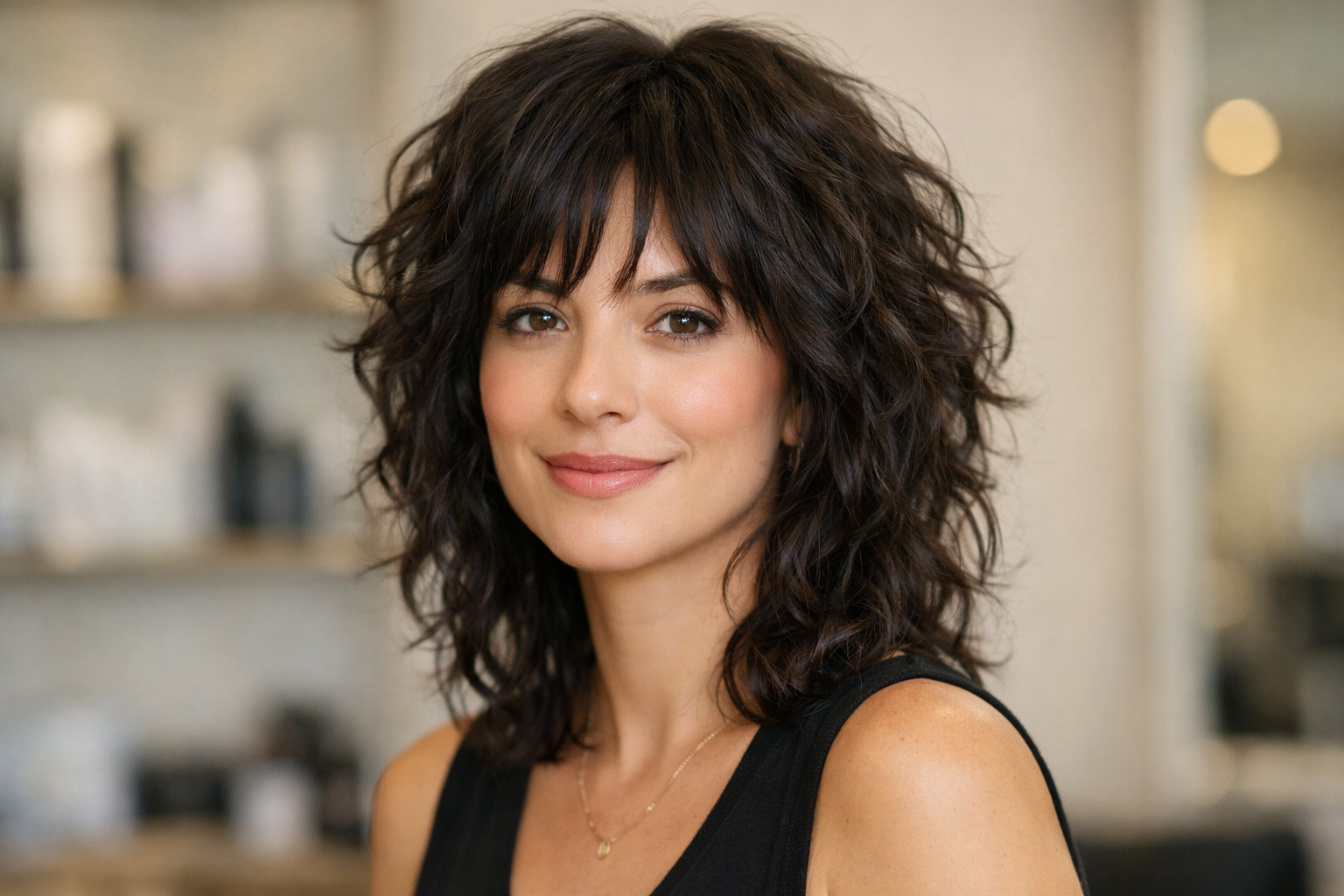 Shag médio com camadas desconectadas em mulher brasileira com rosto oval