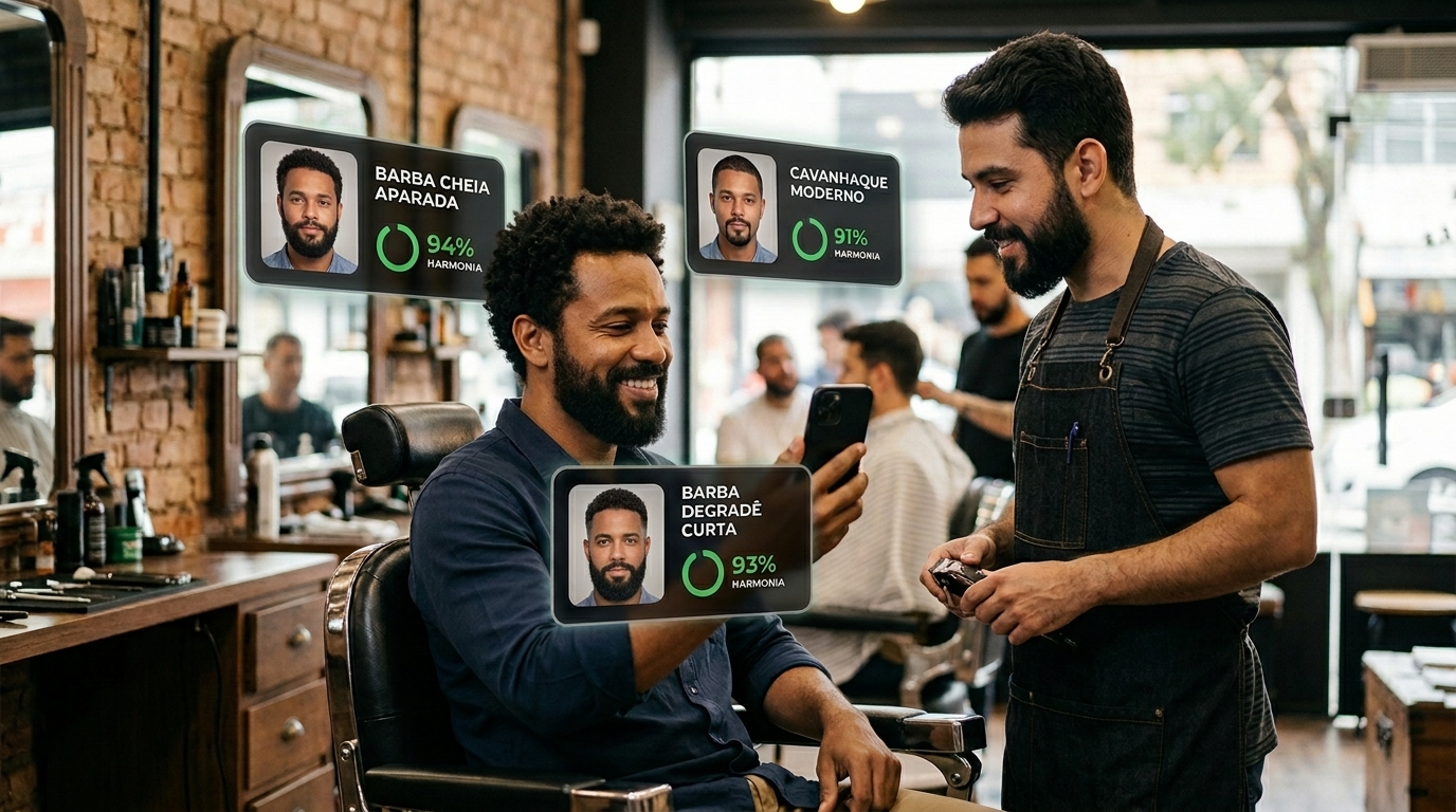 Homem na barbearia testando simulações de barba e vendo opções de Barba Cheia, Cavanhaque e Degradê com alta harmonia.