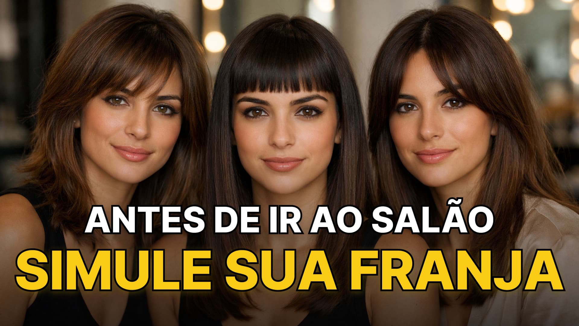 Simulador de franja online grátis: três modelos de diferentes cortes de franja. Texto: Antes de ir ao salão simule sua franja.