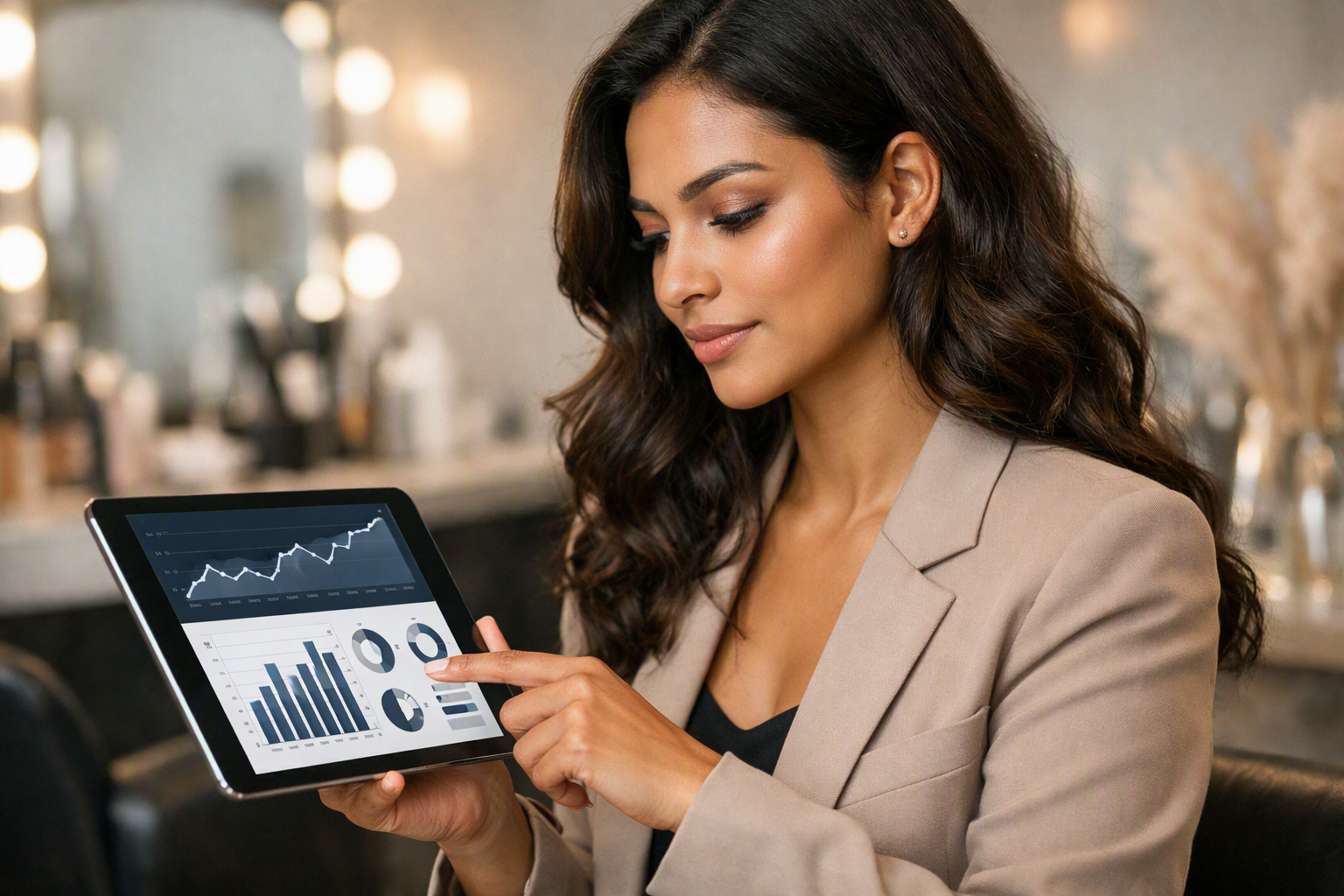Dona de salão de beleza analisando relatórios financeiros em tablet com gráficos de lucro e ocupação