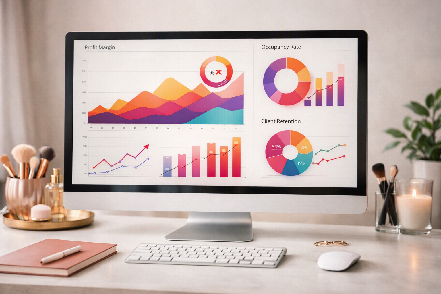Dashboard de sistema de gestão mostrando gráficos de margem de lucro, taxa de ocupação e retenção de clientes