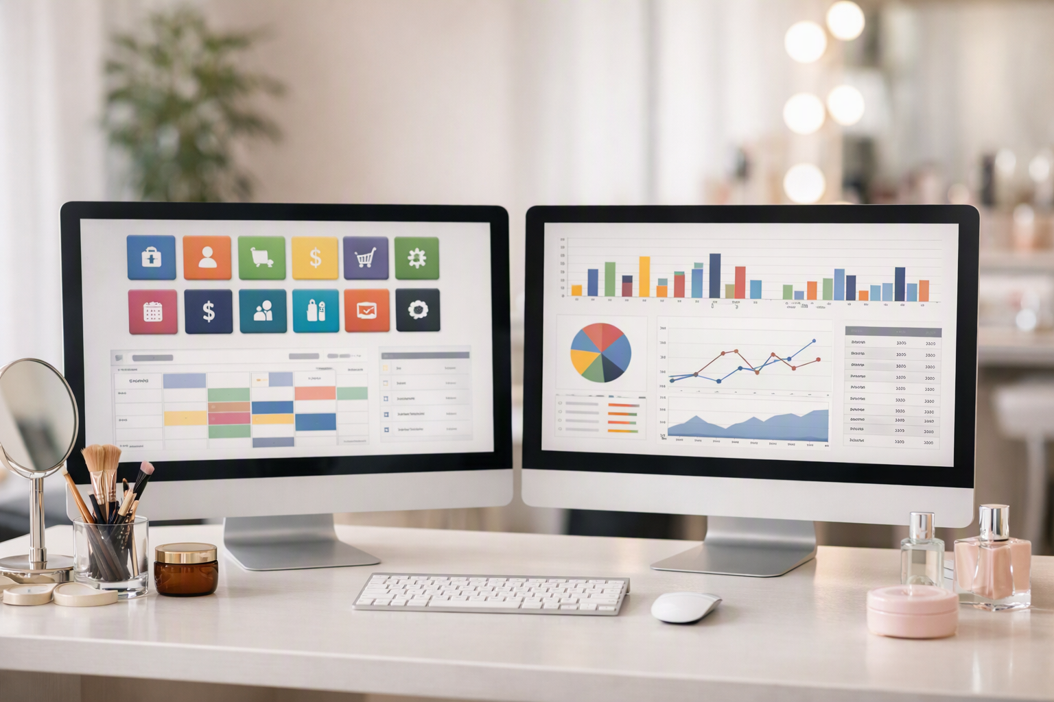 Comparação lado a lado de interfaces de sistemas de gestão para salão com diferentes funcionalidades