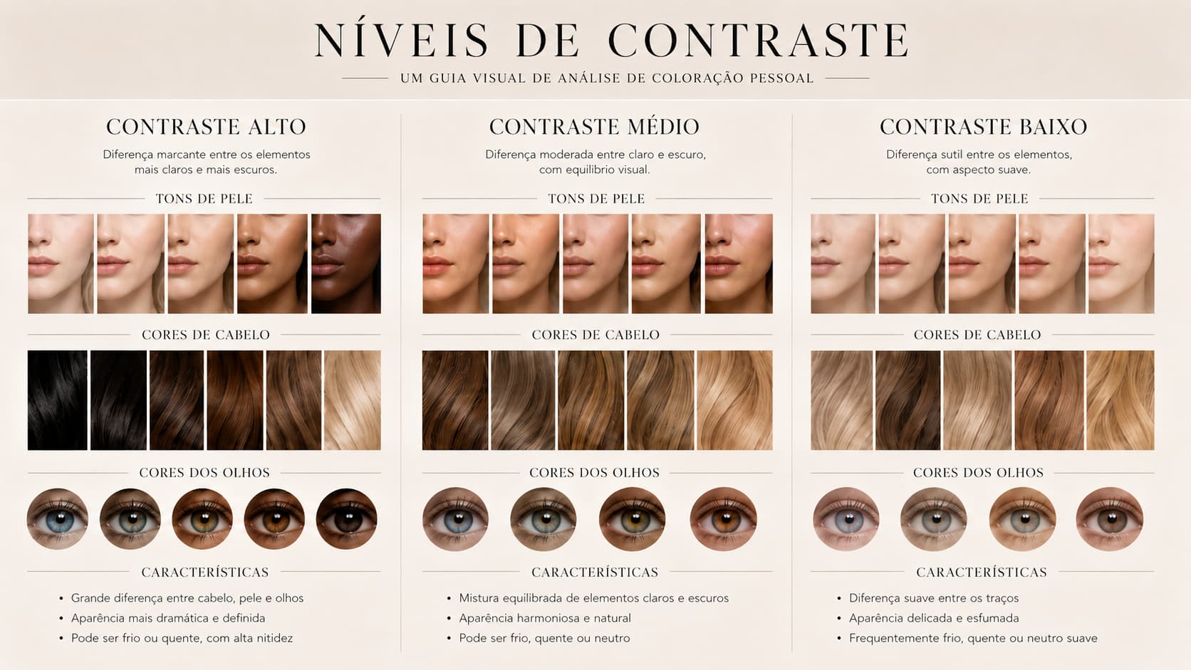 Contraste pessoal: infográfico de coloração com níveis alto, médio e baixo. Texto: Níveis de Contraste e Guia Visual.