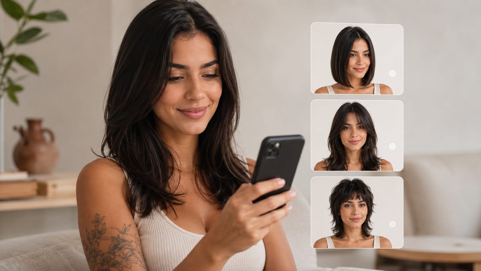 Mulher sorri usando celular com opções de simulação de cortes de cabelo curtos e médios na tela.