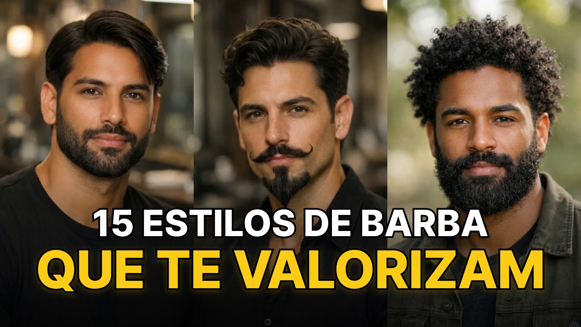 Tipos de barba: três homens com estilos diferentes de barba e cabelo. Texto: 15 ESTILOS DE BARBA QUE VALORIZAM.