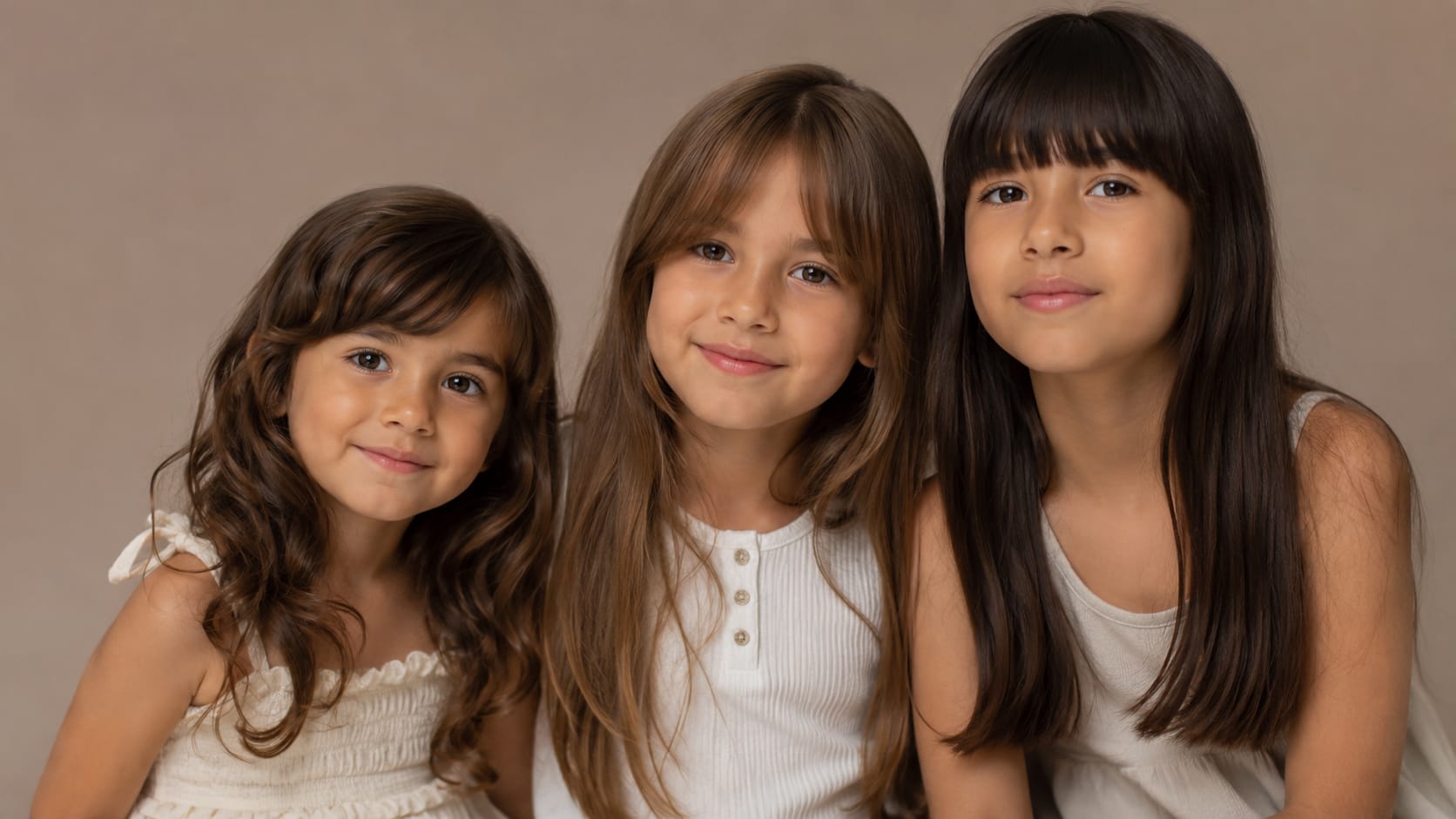 Três garotas posam juntas mostrando variações de cortes de franja infantil. Elas usam roupas brancas em um cenário minimalista com iluminação suave de estúdio.