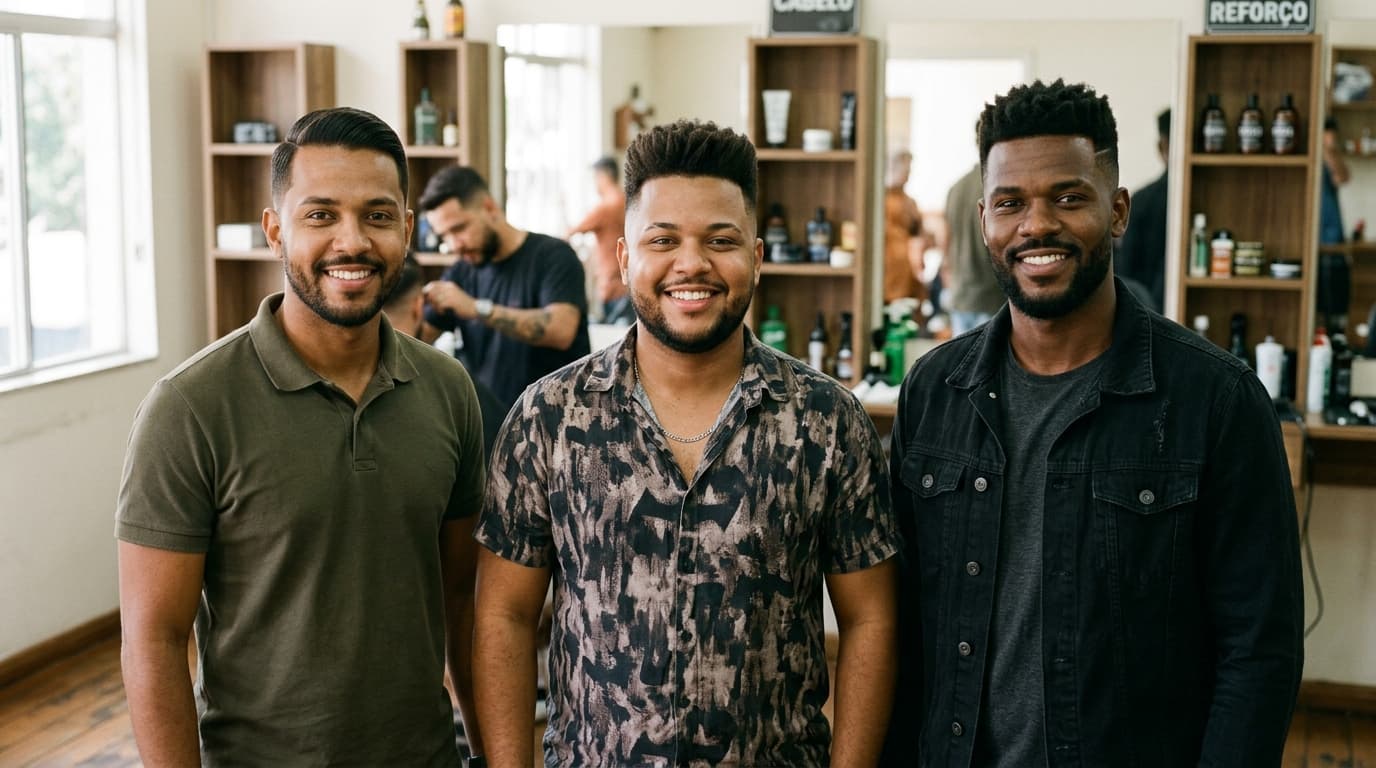Três homens sorridentes com diferentes tipos de rosto e cortes de cabelo americano posando à frente de espelhos em um salão masculino.