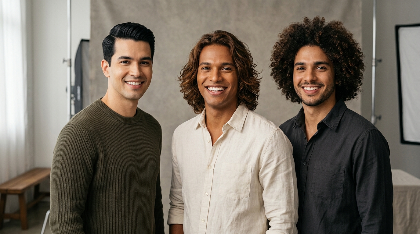Três homens com texturas de fio diferentes demonstrando comportamento do cabelo: liso estruturado, ondulado natural e cacheado volumoso