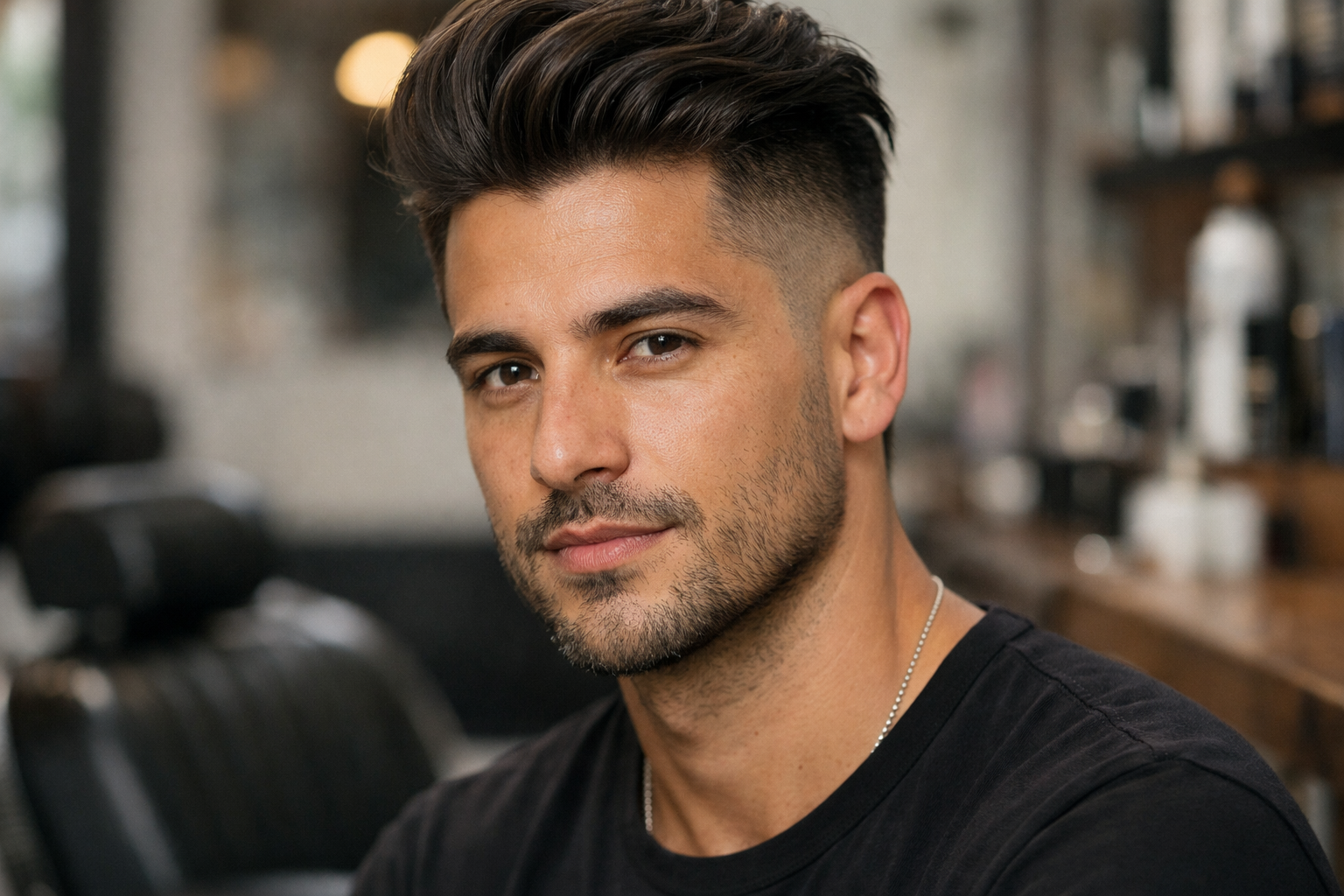 Undercut moderno com topo longo em homem brasileiro com rosto oval