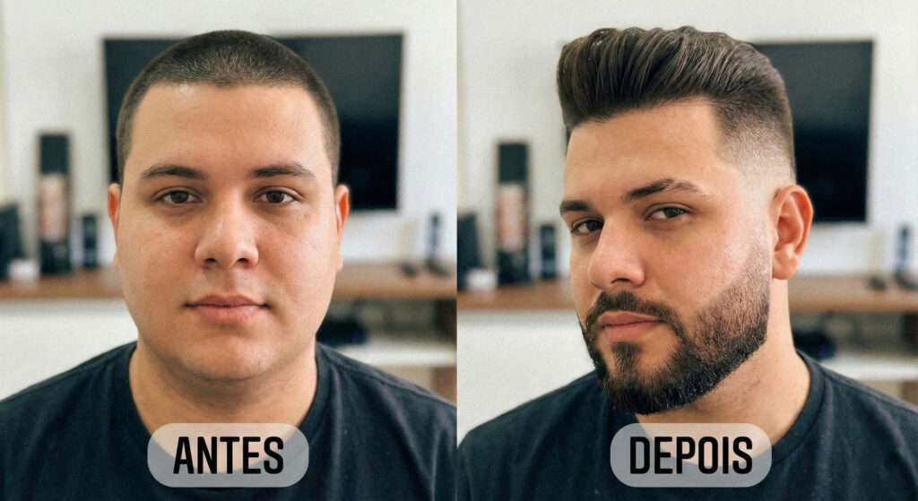 Antes e depois de transformação de visagismo de barba masculino