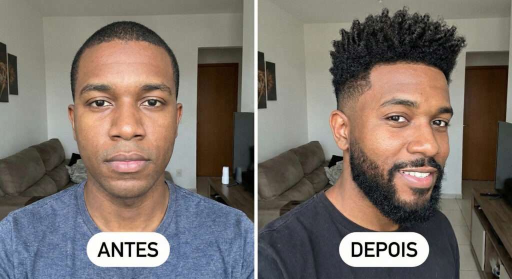 Antes e depois de transformação de visagismo masculino para rosto oval