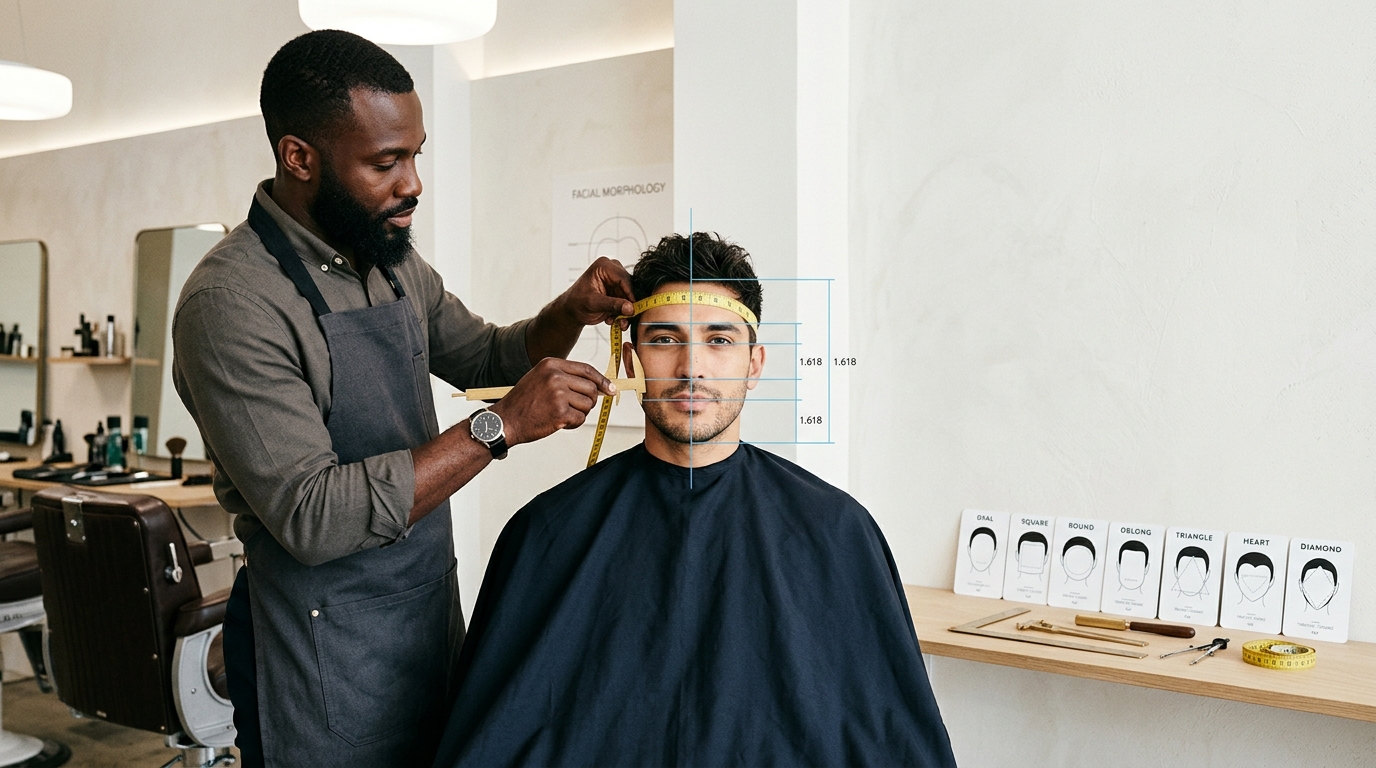Barbeiro visagista medindo formato de rosto de cliente para definir o corte