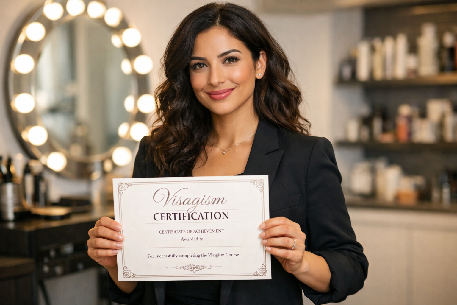 Profissional certificada em visagismo mostrando diploma em salão de beleza moderno