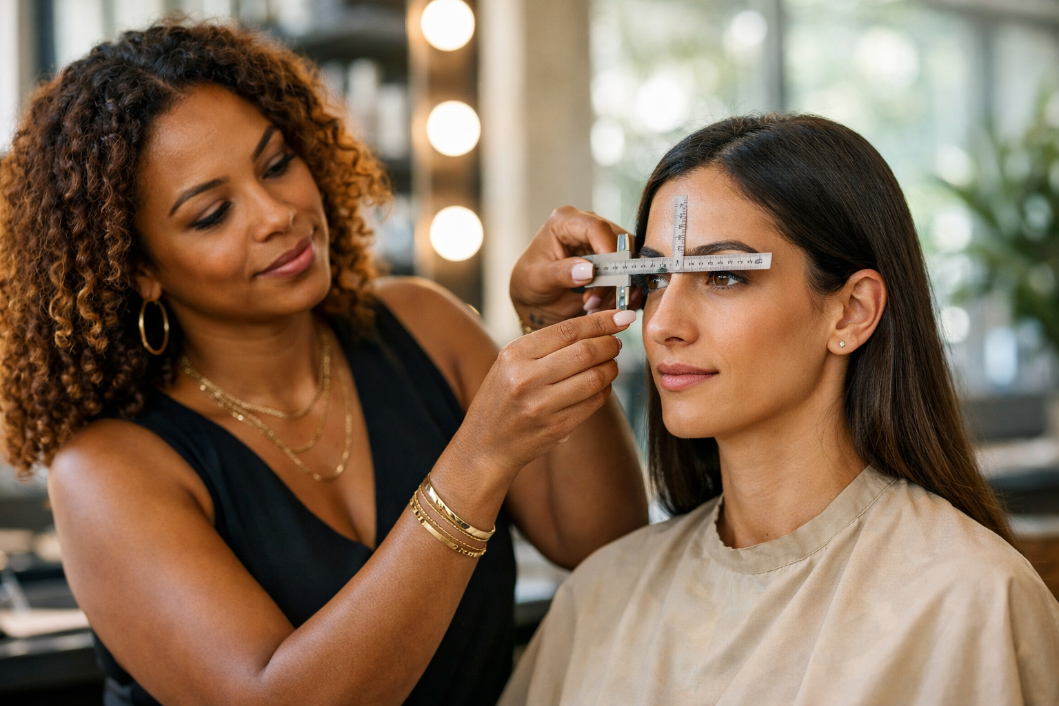 Profissional de visagismo medindo proporções faciais de mulher brasileira com rosto oblongo