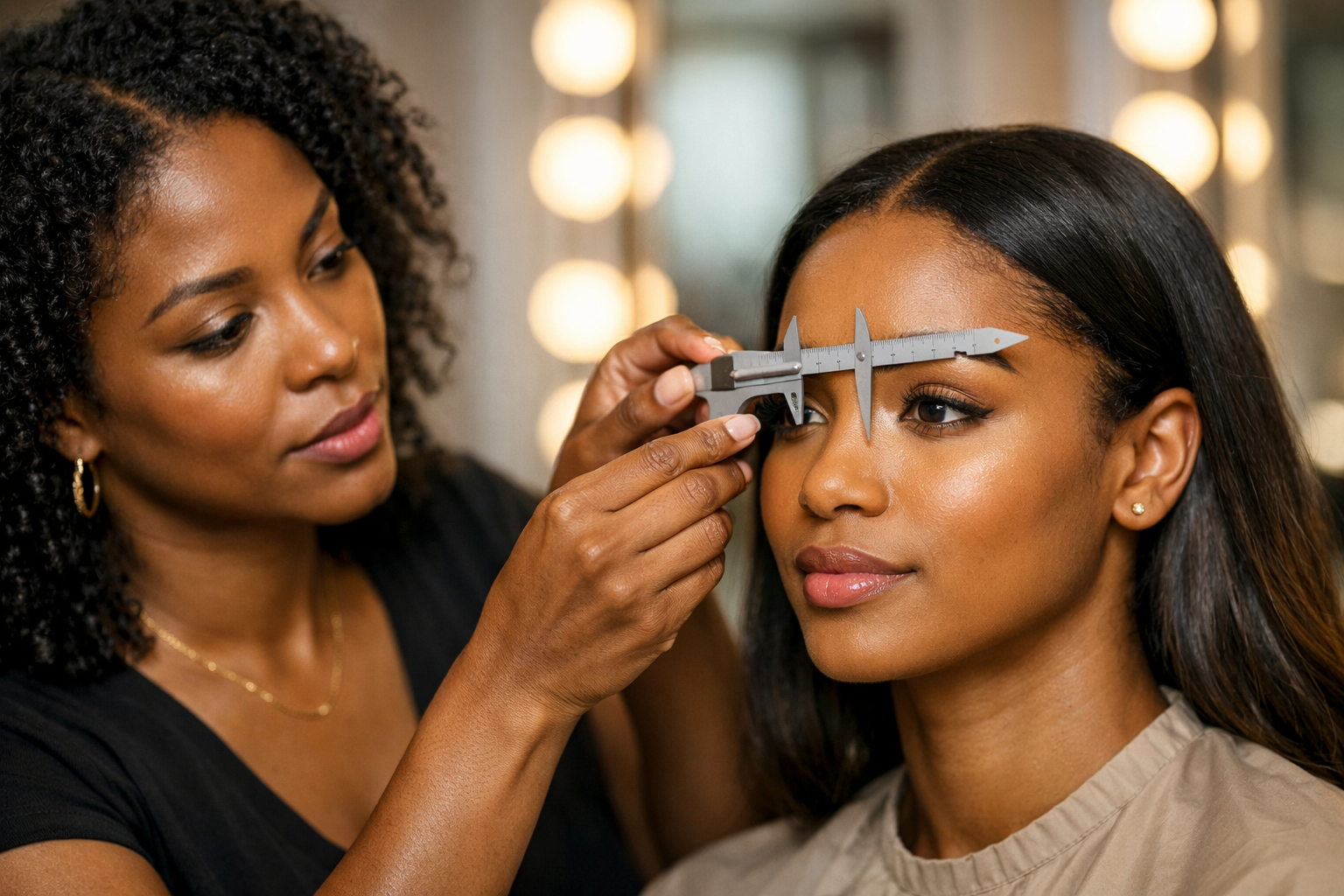 Visagista profissional realizando análise de terços faciais em cliente com régua de proporção