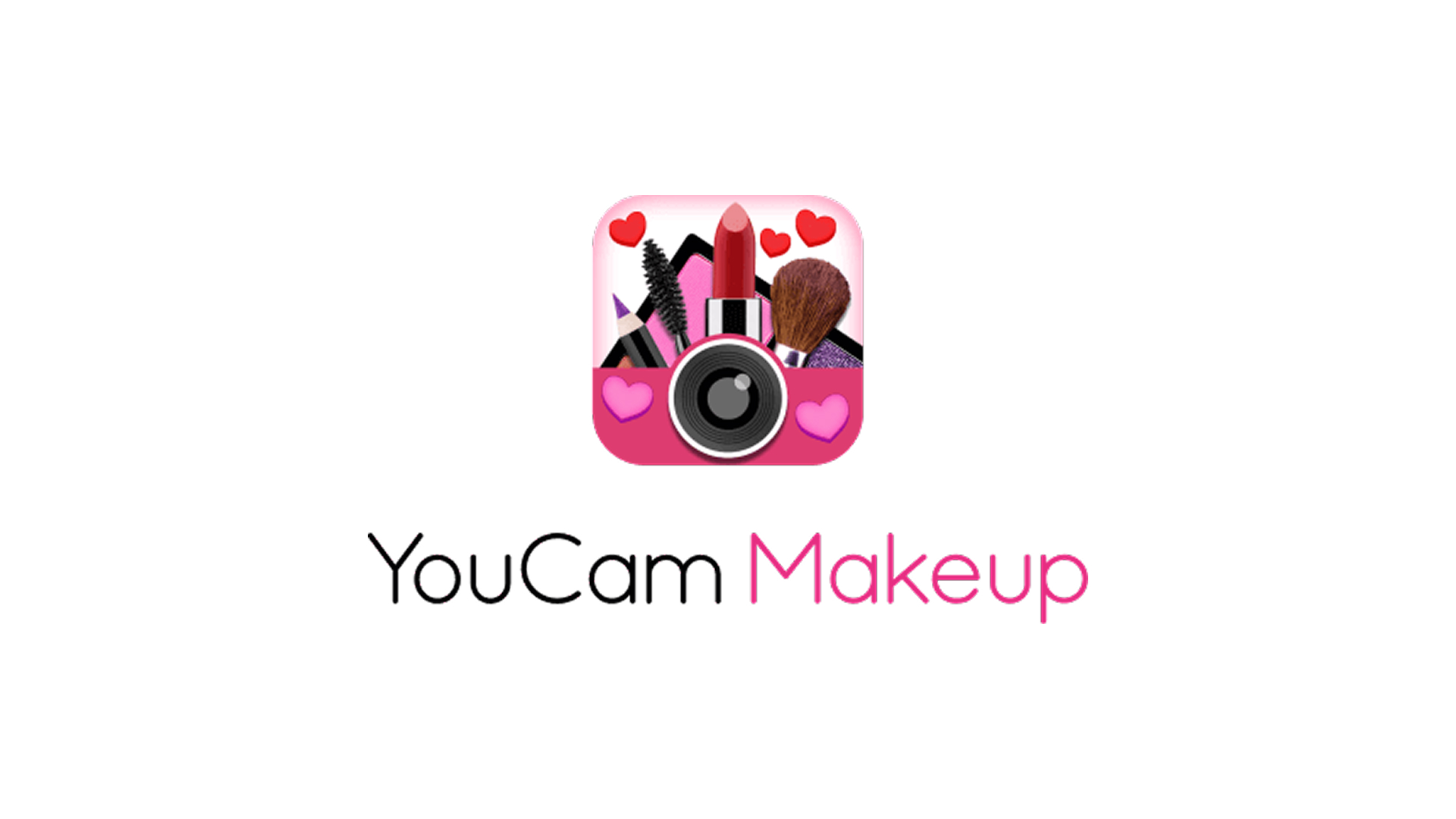 Logotipo oficial com ícone de câmera e maquiagem com o texto escrito YouCam Makeup.